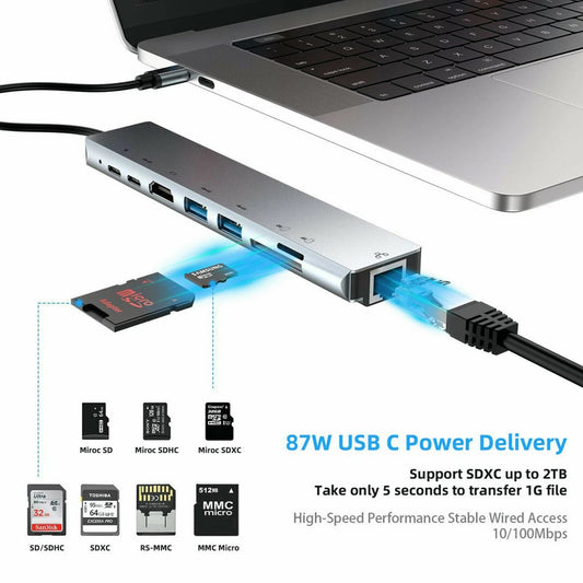 8 In 1 Multiport USB-C Hub Type C To USB 3.0 4K Adapter