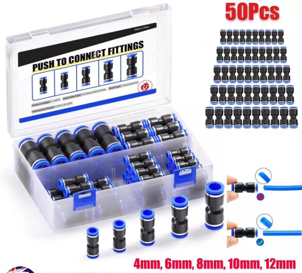 50Pcs Straight Push Connectors Pneumatic Connect Fittings Air Line Quick Hose