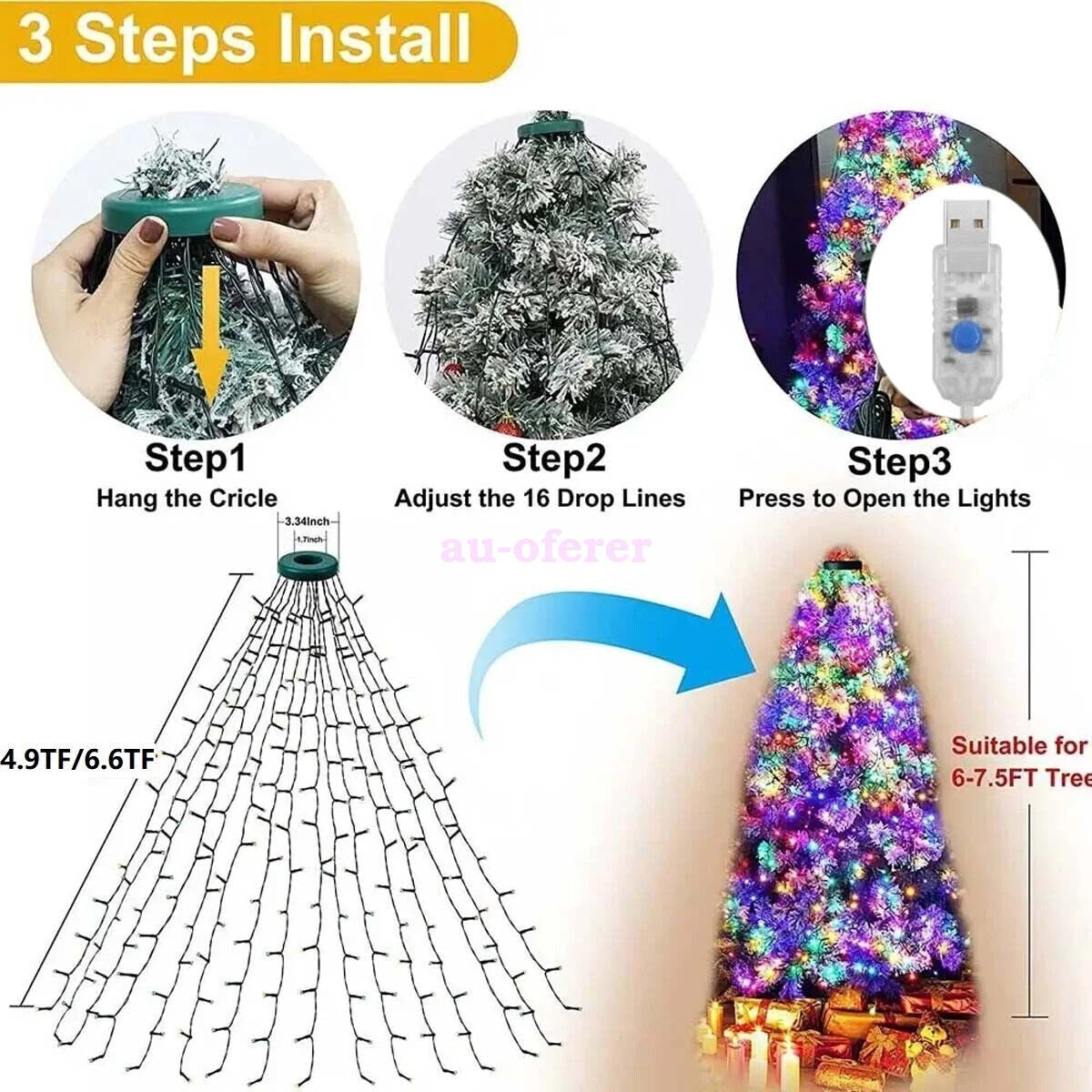 2025 Christmas Tree Light Ring Ceiling Waterfall String lights Remote Deco
