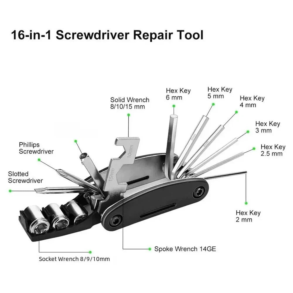 Bike Repair Tool Kit 16In1 MTB Portable Multi-tools Puncture Fix Patch