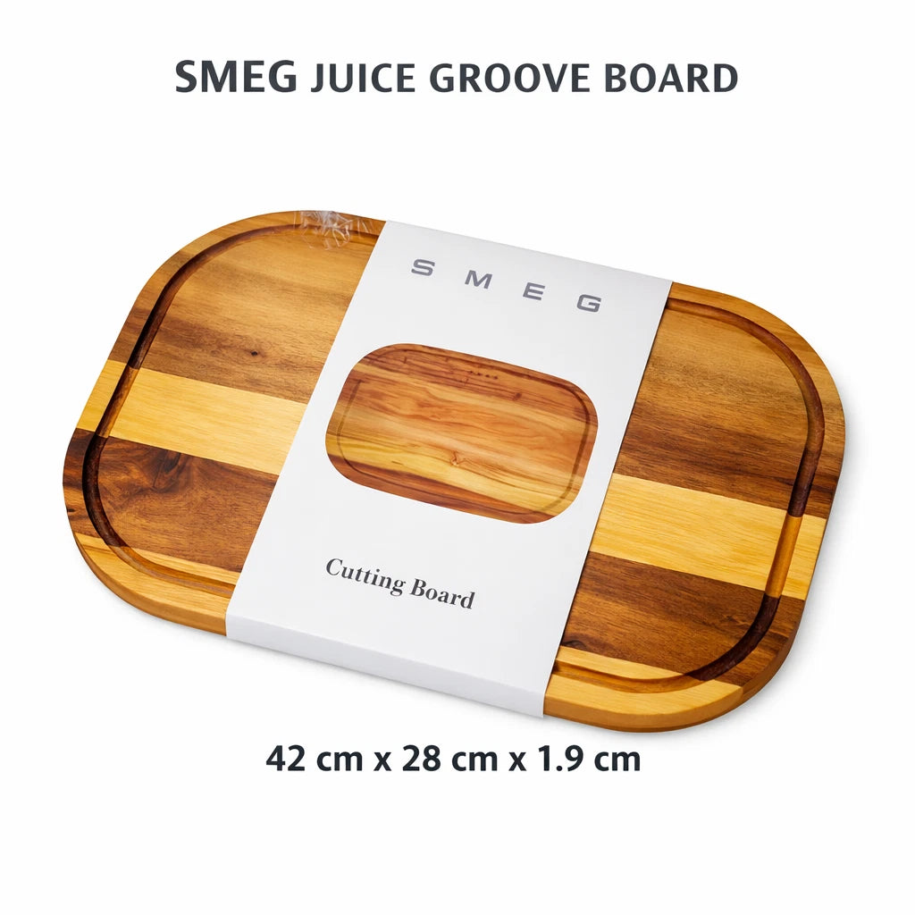 SMEG Acacia Wood Cutting Board Premium Kitchen Boards Juice Groove / Handle Slot