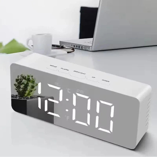 Digital Led Mirror Desk Alarm Clock Table Temperature Time Snooze Battery