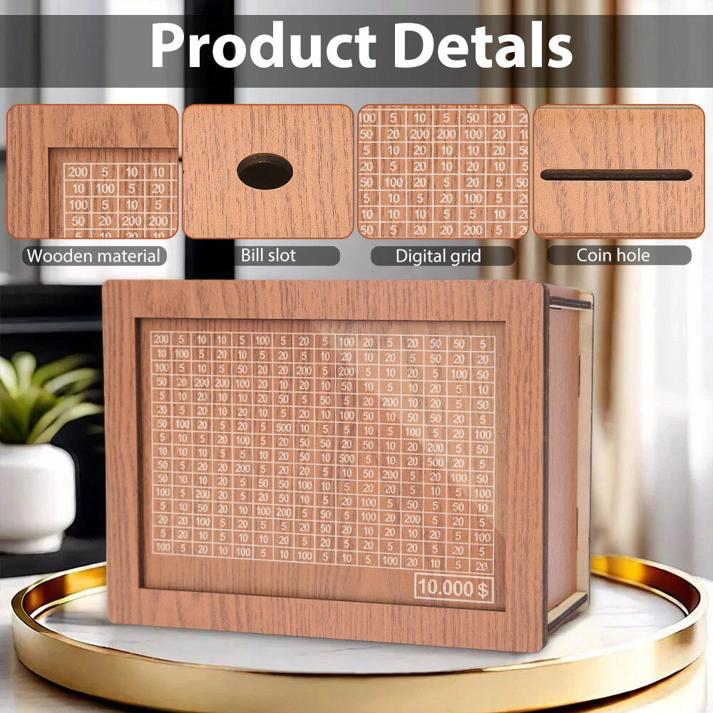 Wooden Money Box with Counter Piggy Bank Cash Coin Money Saving Box $10000