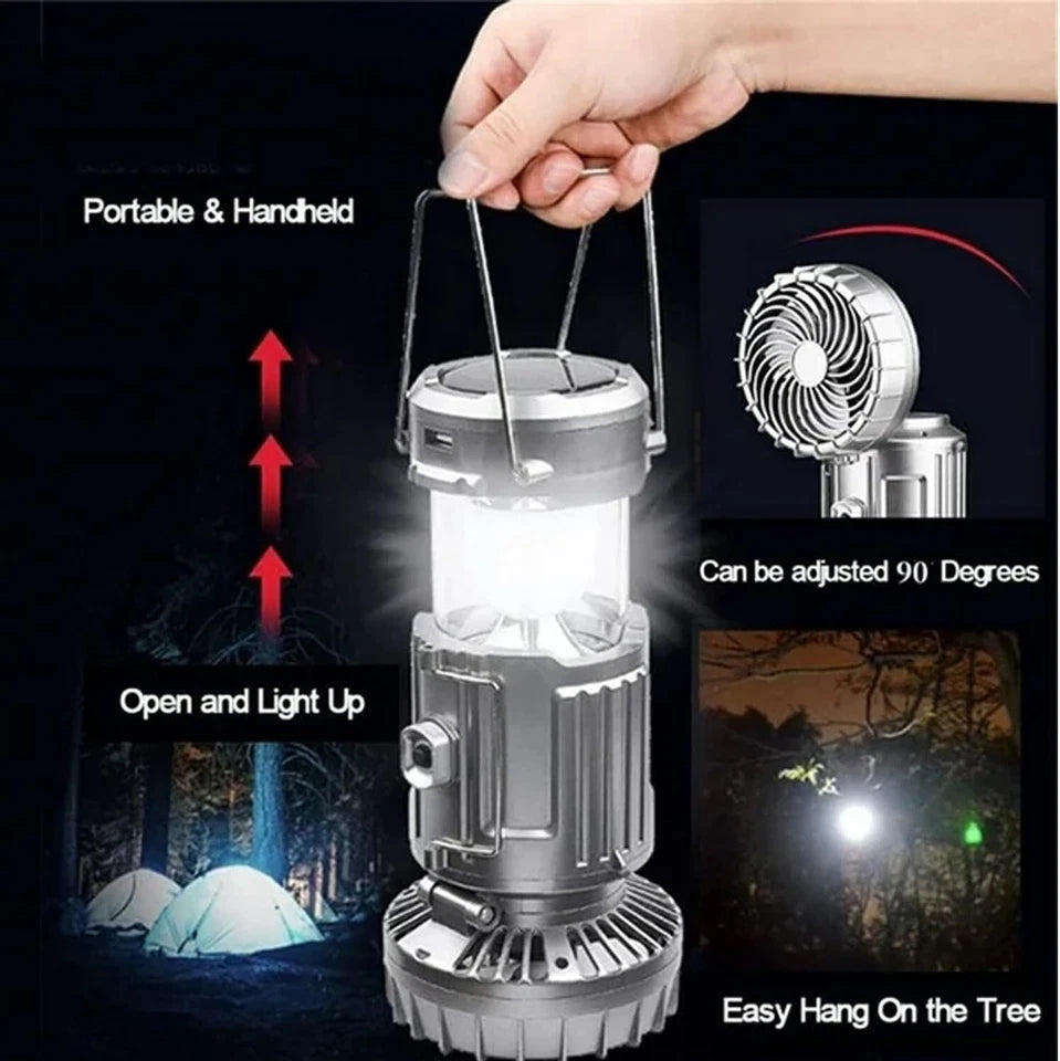 5-in-1 Portable LED Camping Lantern with Fan, Solar/USB Rechargeable Light