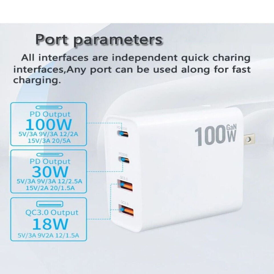 100W GaN Fast USB-C Power Adapter Wall Charger For iPhone iPad Macbook Samsung
