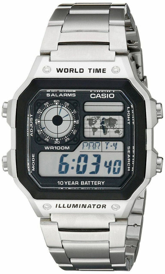Stainless Steel Mens Digital Watch World Time Timer AE1200WH-1A