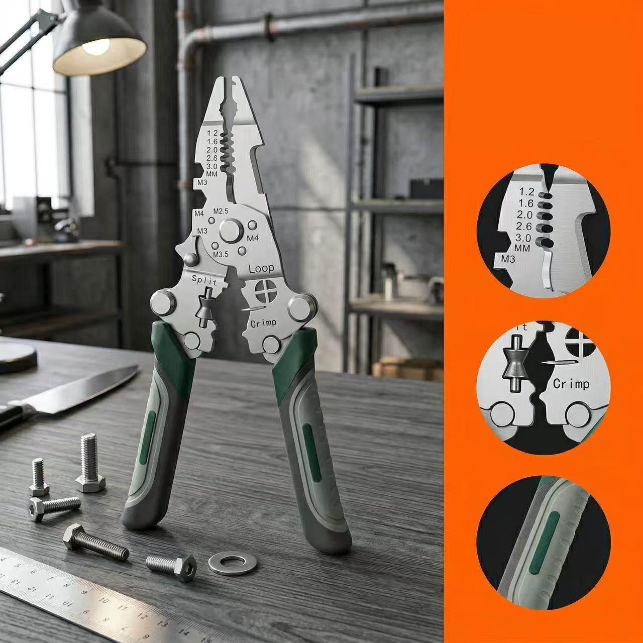 Folding Electrician Tool Combines Wire Stripper Cutter Crimper in One Pliers