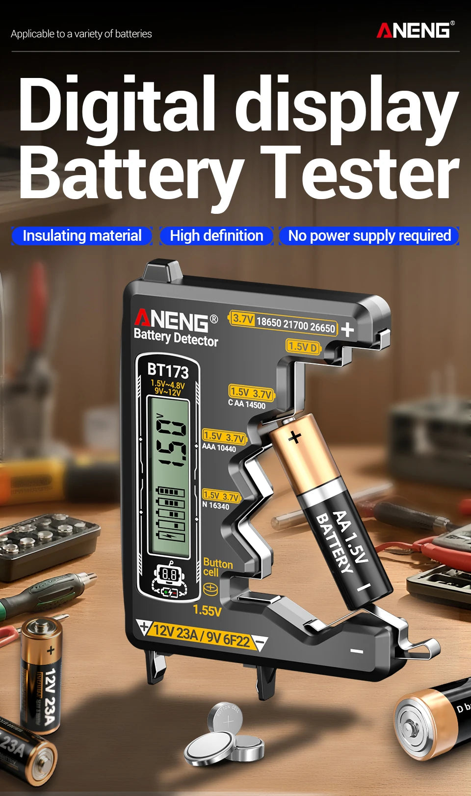 Universal Battery Tester ANENG BT173 Battery Detector Test C D AA AAA N 9V Cell