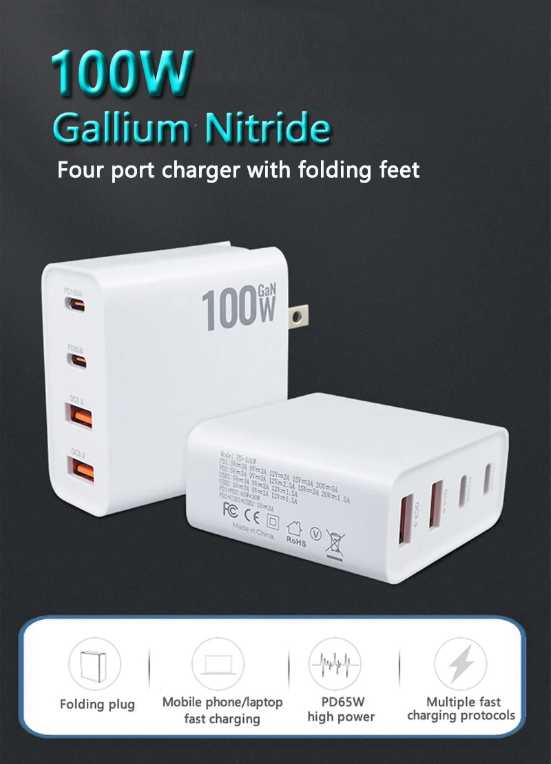 100W GaN Fast USB-C Power Adapter Wall Charger For iPhone iPad Macbook Samsung