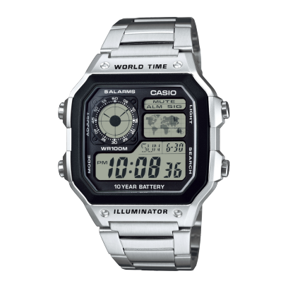Stainless Steel Mens Digital Watch World Time Timer AE1200WH-1A