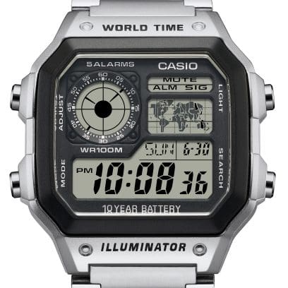 Stainless Steel Mens Digital Watch World Time Timer AE1200WH-1A