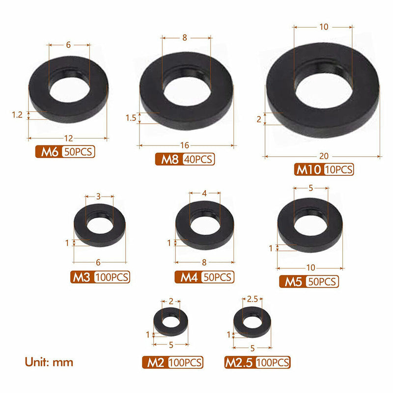 500PCS M2-M12 Nylon Flat Ring Washer Seal Hose Gaskets Metric Bolt Srew Kit