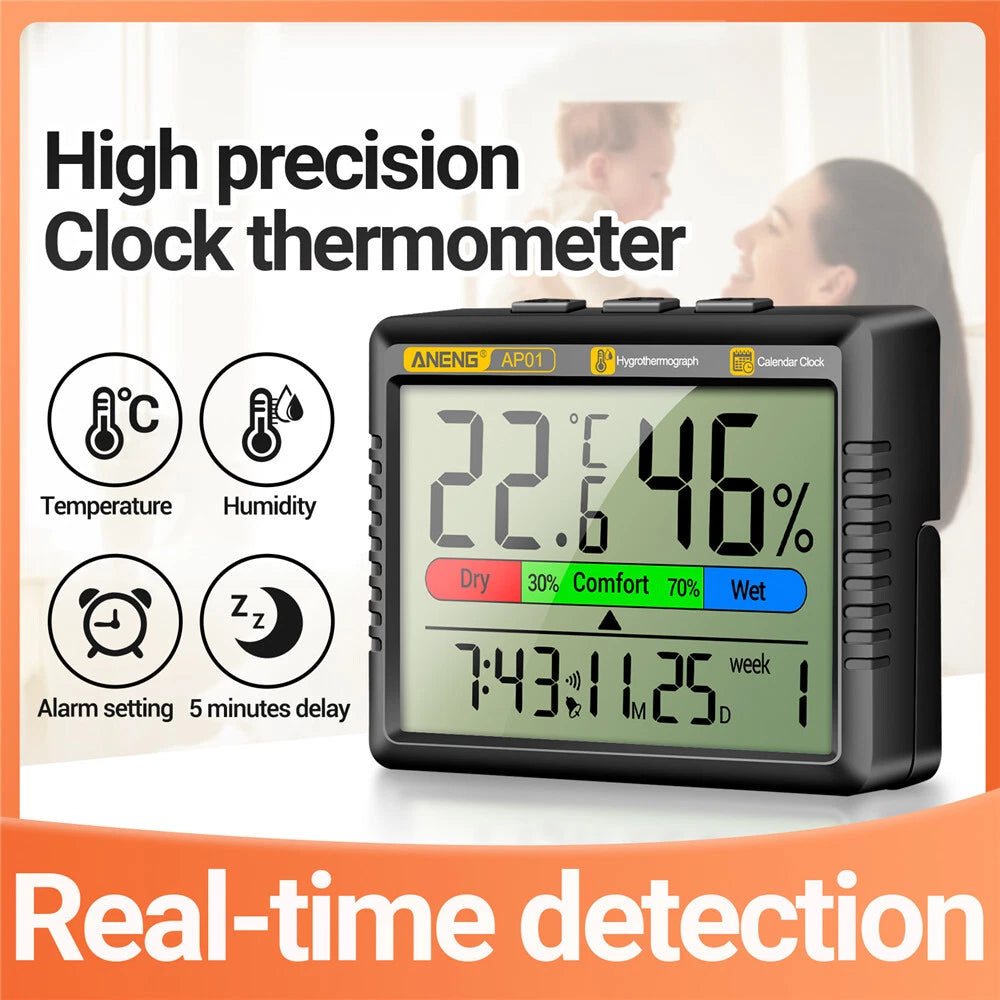 Thermometer Indoor Digital LCD Hygrometer Temperature Humidity Meter Alarm Clock