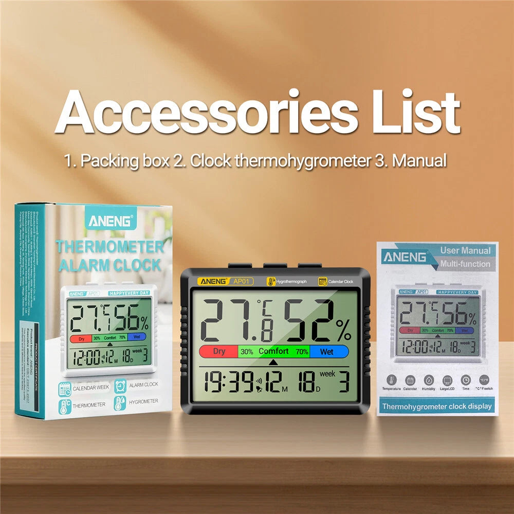 Thermometer Indoor Digital LCD Hygrometer Temperature Humidity Meter Alarm Clock