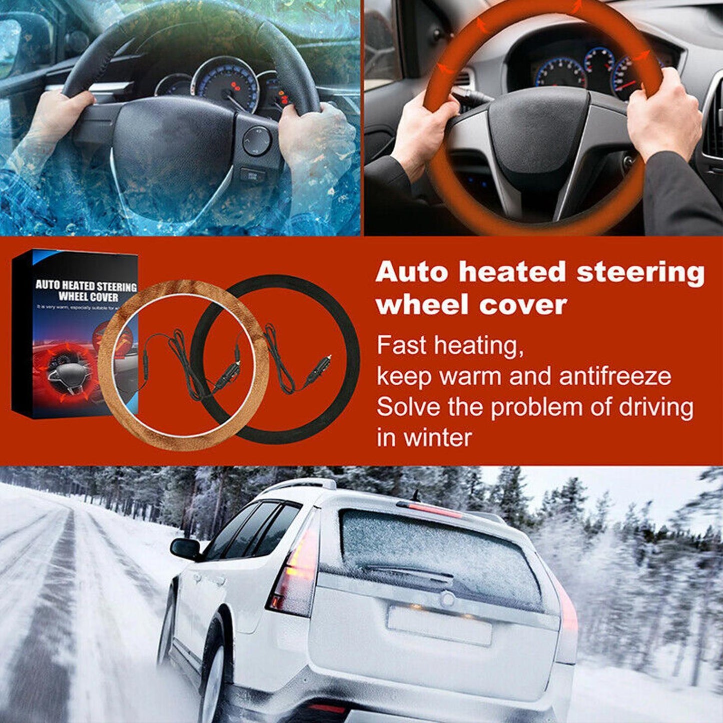 CLEARANCE- 12V Car Auto Heated Steering Wheel Cover Non-slipHeating Universal