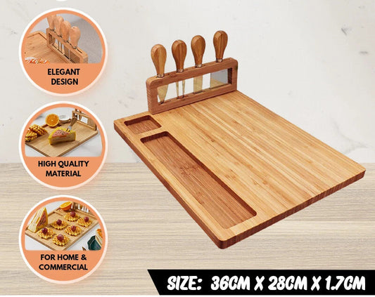 36cm Brown Rectangular Wood Cheese Board Charcuterie Serving Tray Set