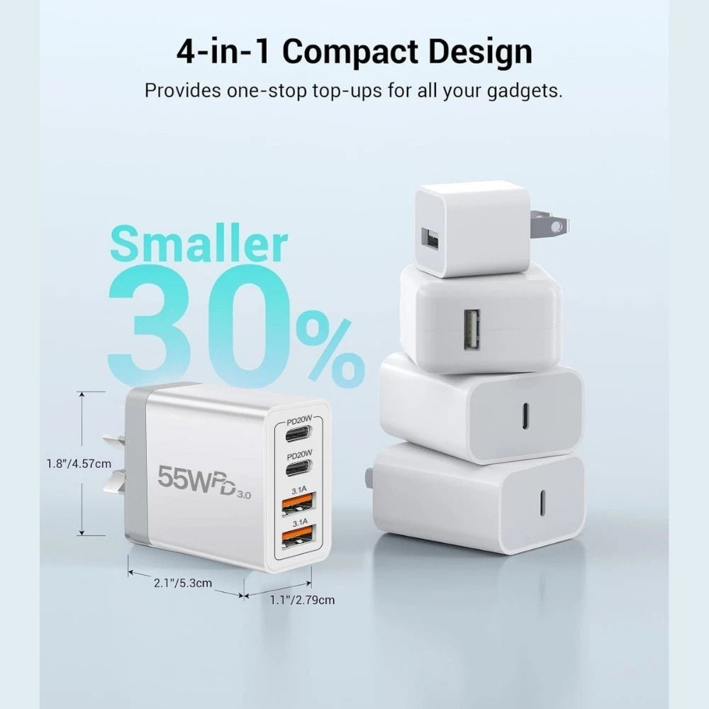 55W 4 Port USB-C PD Fast Charging Wall USB C Charger Power Adapter Type-C Brick