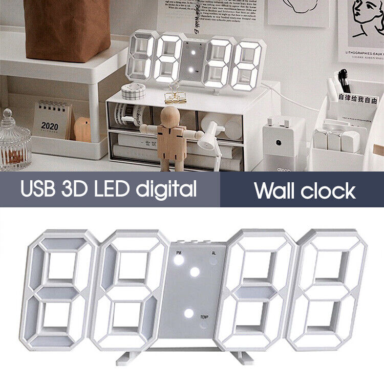 3D LED Digital Wall Clock Alarm Date Temperature Table Desktop USB Powered Big