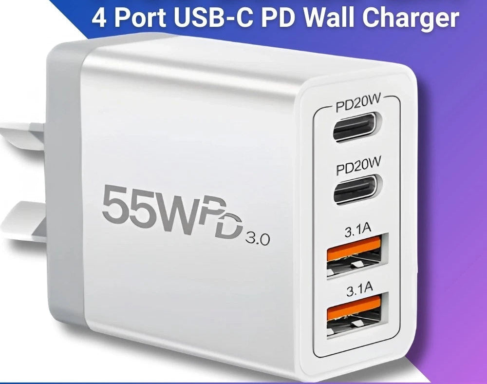 55W 4 Port USB-C PD Fast Charging Wall USB C Charger Power Adapter Type-C Brick