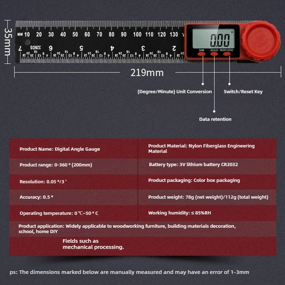 2 in 1 Digital Angle Finder Protractor (8 In/200 mm) Measuring Ruler Display