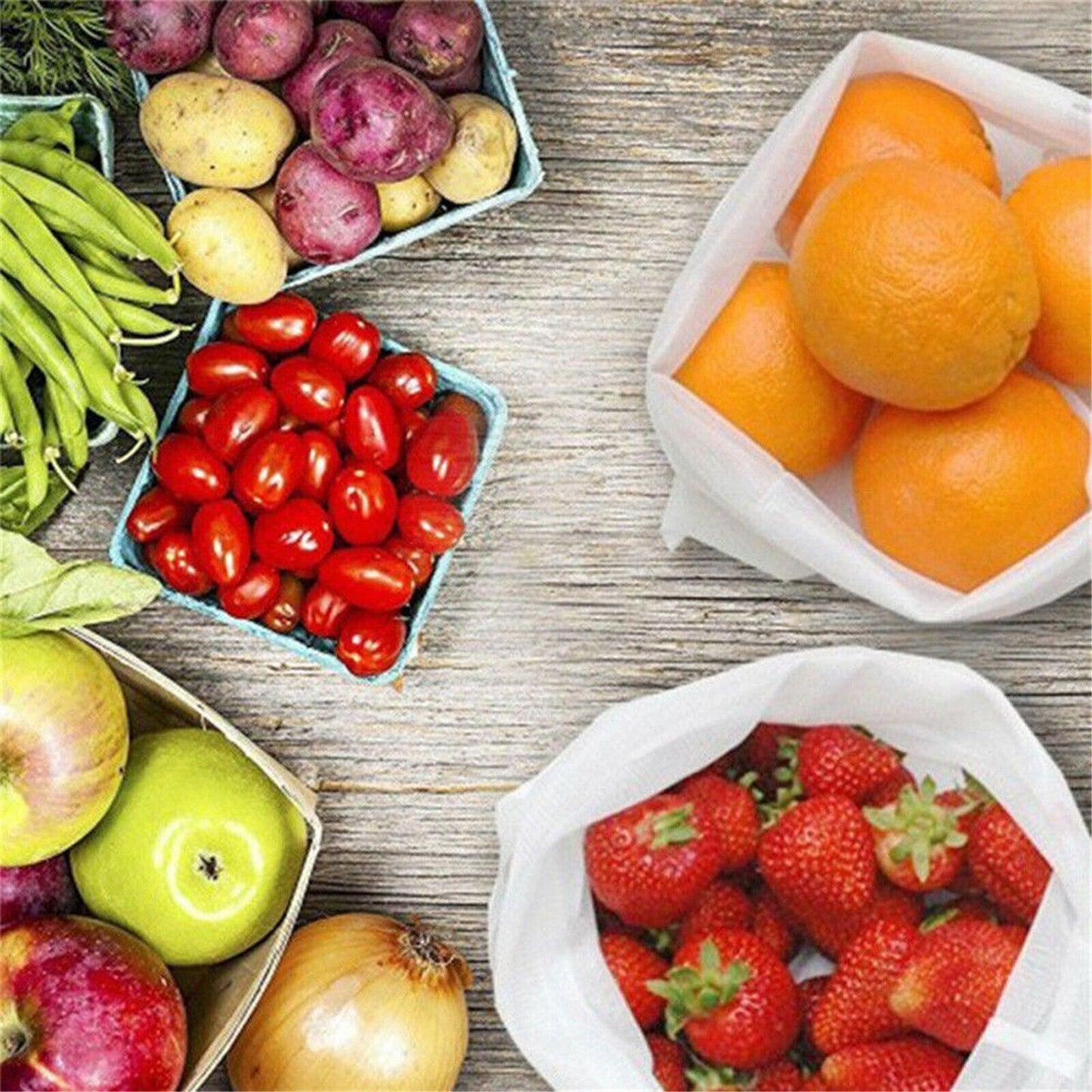12pcs Reusable Mesh Bags Rope Vegetable Toys Storage Pouch Fruit & Grocery Bags