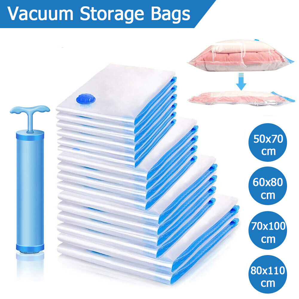 5PC Vacuum Storage Bags Space Saver Seal Compressing Medium Large for Cloth Quilt With Pump
