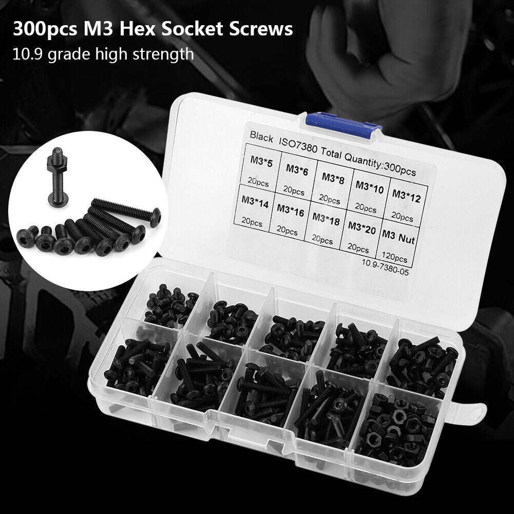 300x M3 Black 10.9 Grade Button Head Hex Socket Screw Bolt Nut Assortment Kit