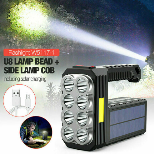 Solar LED Searchlight Spotlight USB Rechargeable Hand Torch Light Camp ...