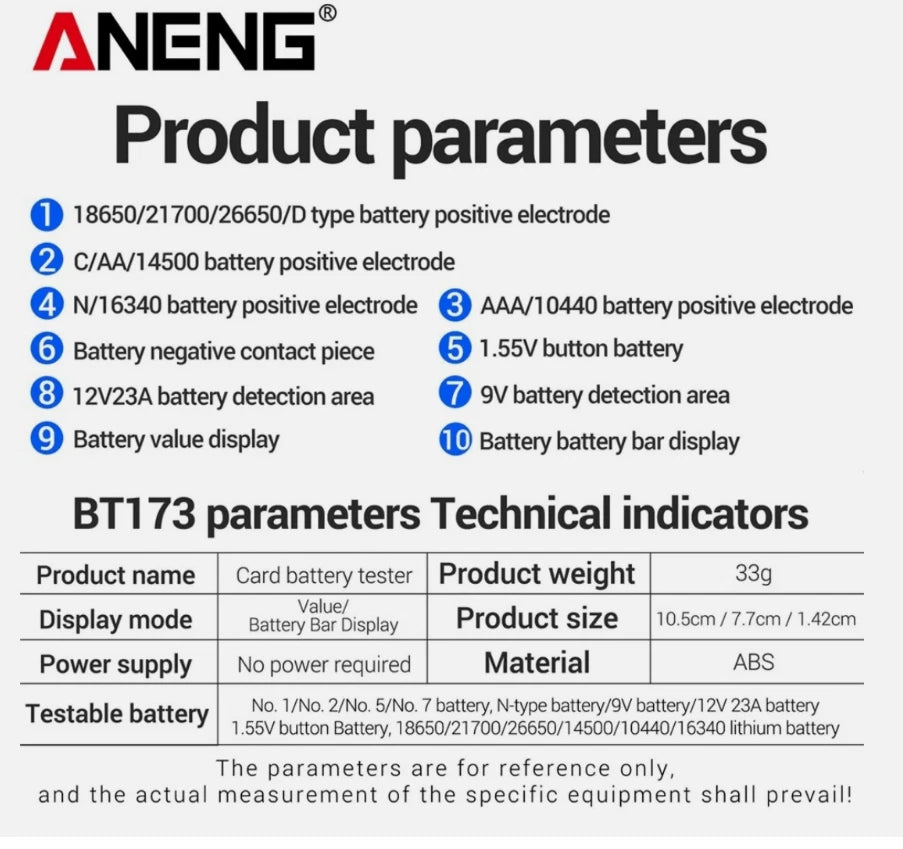 Universal Battery Tester ANENG BT173 Battery Detector Test C D AA AAA N 9V Cell