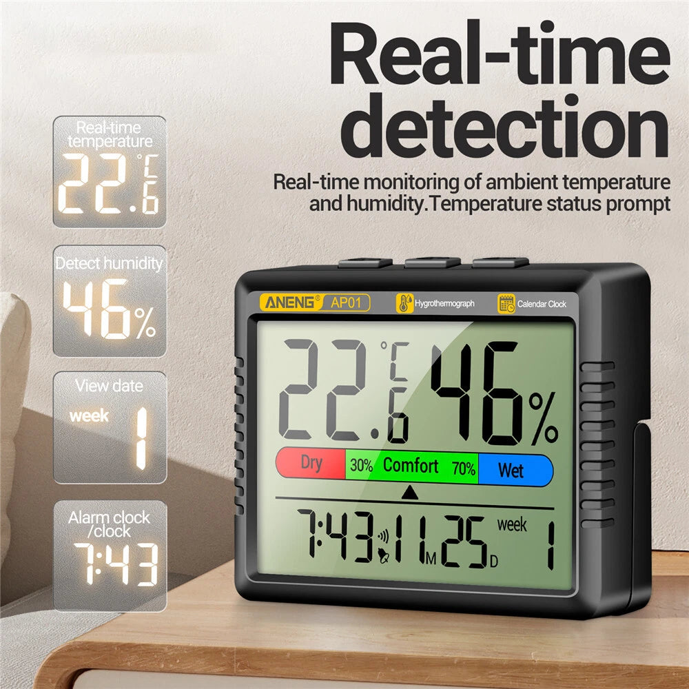 Thermometer Indoor Digital LCD Hygrometer Temperature Humidity Meter Alarm Clock