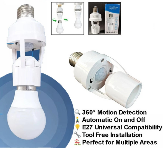 E27 PIR Motion Sensor Light Bulb Holder Adapter 360° Auto On Off