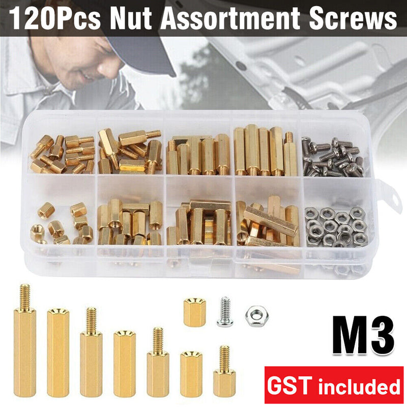 120PCS PCB Board Screws Standoffs M3 Male Female Hex Brass Spacer Nut Assortment