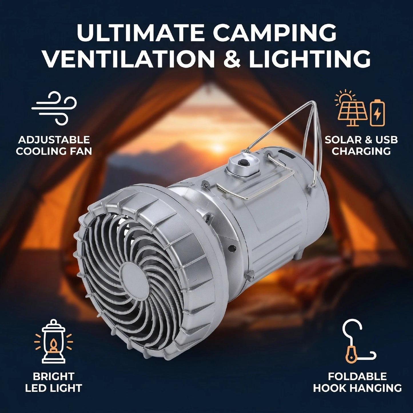 5-in-1 Portable LED Camping Lantern with Fan, Solar/USB Rechargeable Light