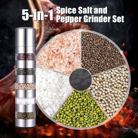 5 in 1 Stainless Steel Salt and Pepper Grinder Manual Spice Mill Kitchen Cooking