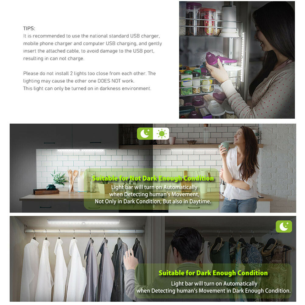 10CM/ 20CM/ 30CM LED Wireless PIR Motion Sensor Closet Lights USB Rechargeable Light Strips Lamp