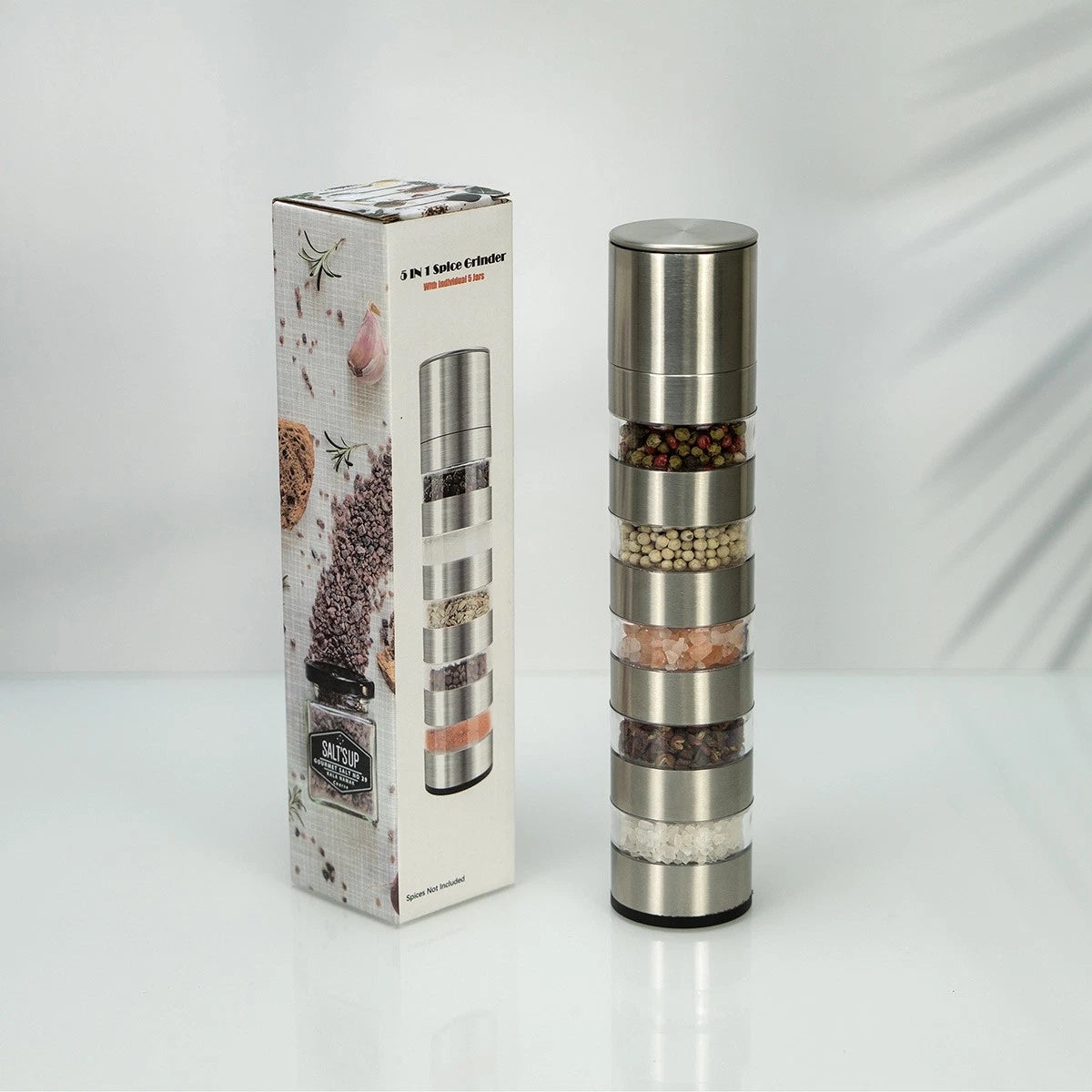 5 in 1 Stainless Steel Salt and Pepper Grinder Manual Spice Mill Kitchen Cooking