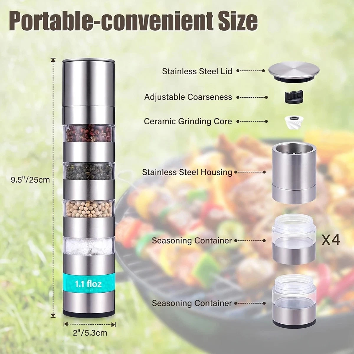 5 in 1 Stainless Steel Salt and Pepper Grinder Manual Spice Mill Kitchen Cooking
