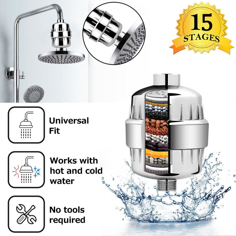 15 Stages Shower Head Filter Bath Hard Water Filter KDF Remove Chlorine Odors