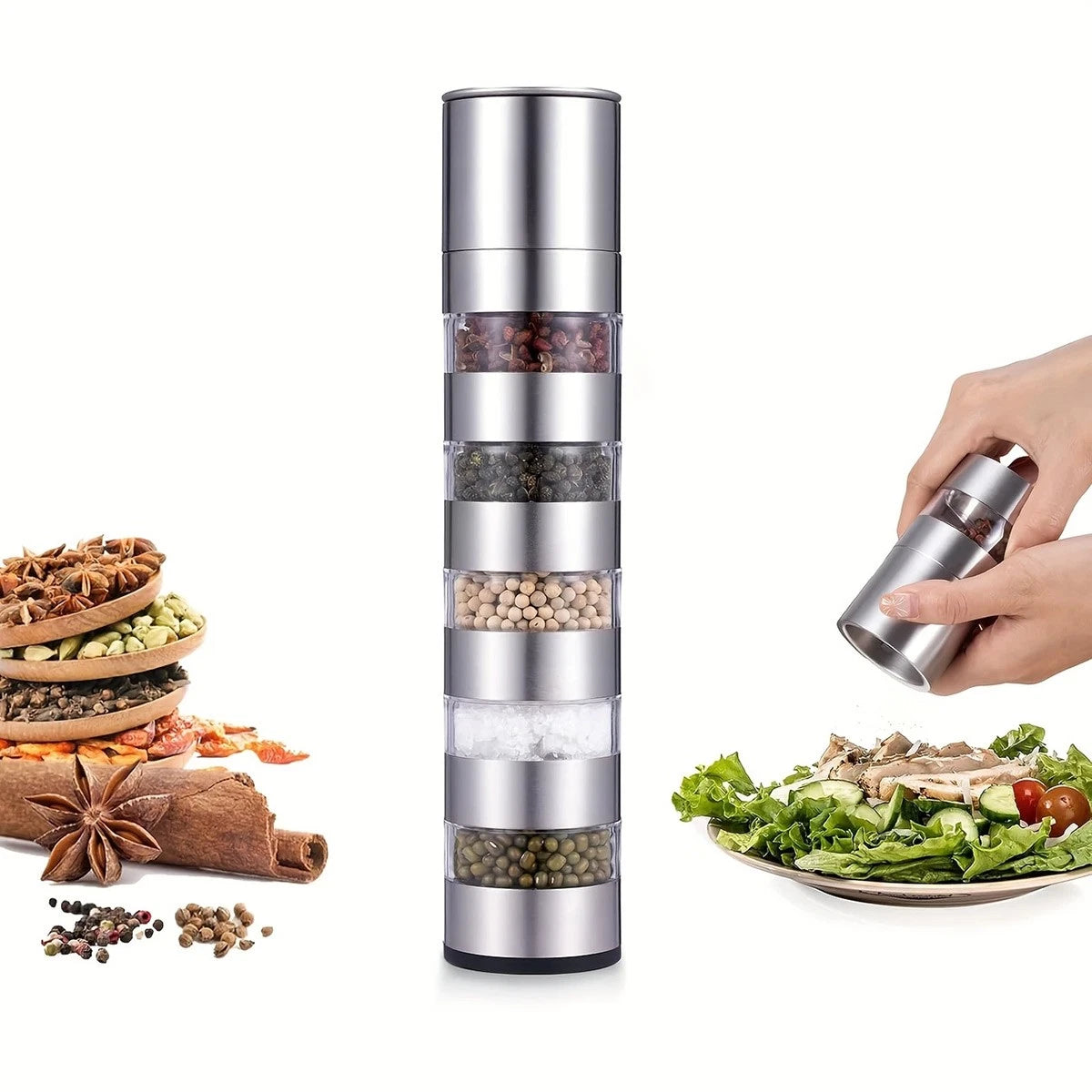 5 in 1 Stainless Steel Salt and Pepper Grinder Manual Spice Mill Kitchen Cooking