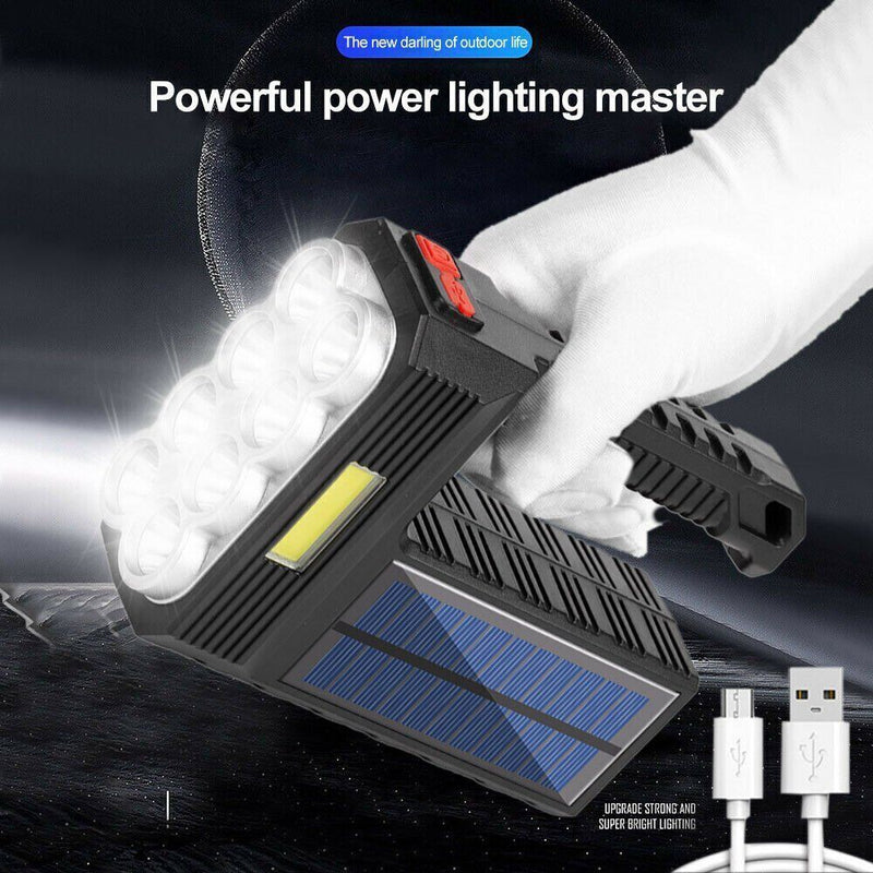 Solar LED Searchlight Spotlight USB Rechargeable Hand Torch Light Camping Lamp