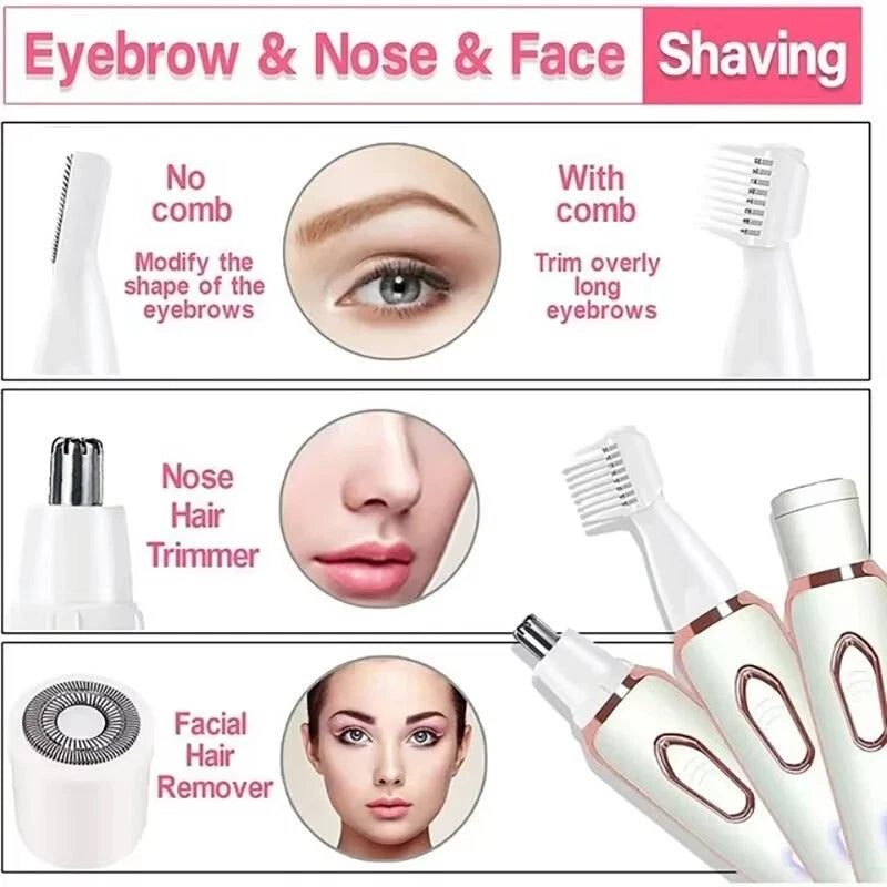 4 IN 1 Women's Electric Painless Shaver Leg Face Hair Removal Lady Razor Trimmer