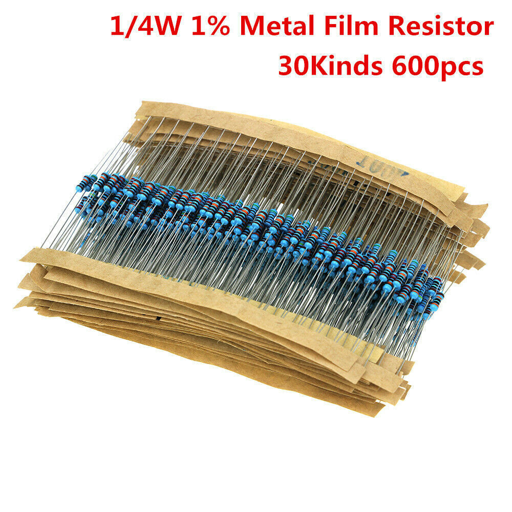 600Pcs Resistor Kit Pack 1/4W Metal Film 1% Precision 30 Values Labelled