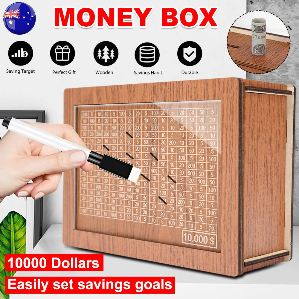 Wooden Money Box with Counter Piggy Bank Cash Coin Money Saving Box $1 ...