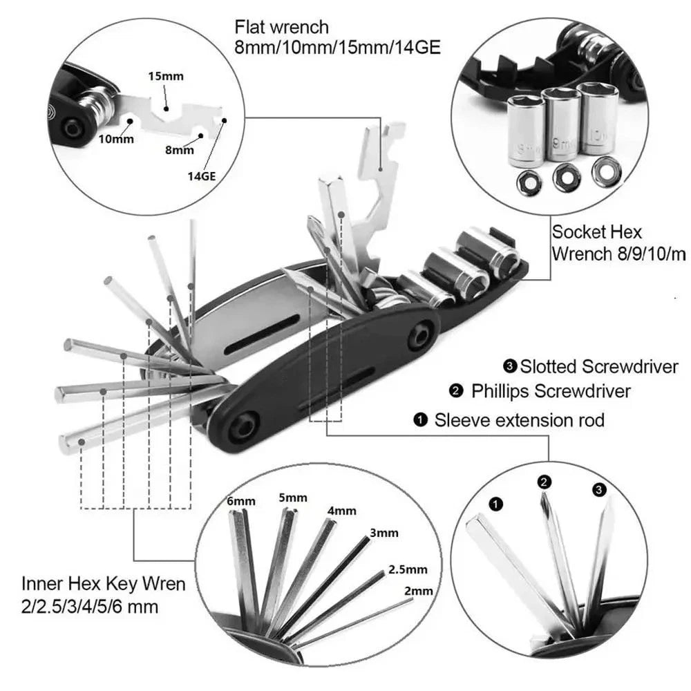 Bike Repair Tool Kit 16In1 MTB Portable Multi-tools Puncture Fix Patch