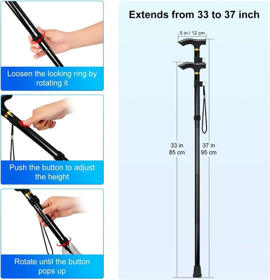 Lightweight Folding Adjustable Walking Stick Aluminium Hiking Travel Cane