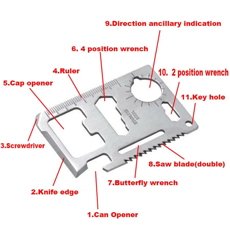 Credit Card 11-in-1 Survival Pocket Tool, Multi Function Portable Outdoor