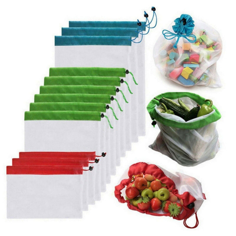 12pcs Reusable Mesh Bags Rope Vegetable Toys Storage Pouch Fruit & Grocery Bags
