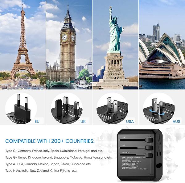 Universal Travel Adapter Charger with 3 USB Ports and Type-C Fast Char ...