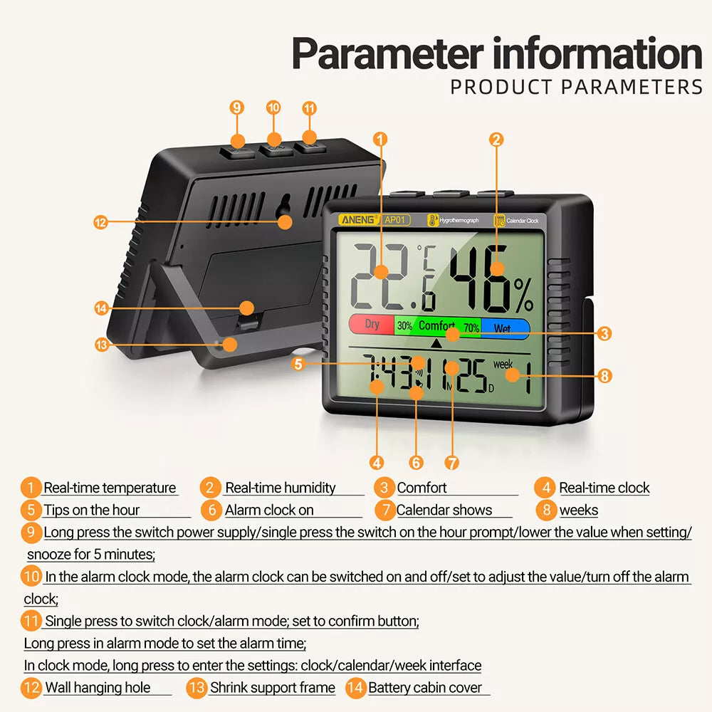 Thermometer Indoor Digital LCD Hygrometer Temperature Humidity Meter Alarm Clock
