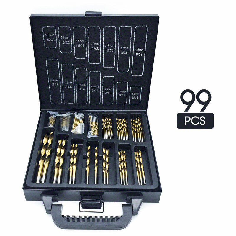 99PCS HSS Metric 1.5-10mm Titanium Coated Drill Bit Set Metal Wood Plastic